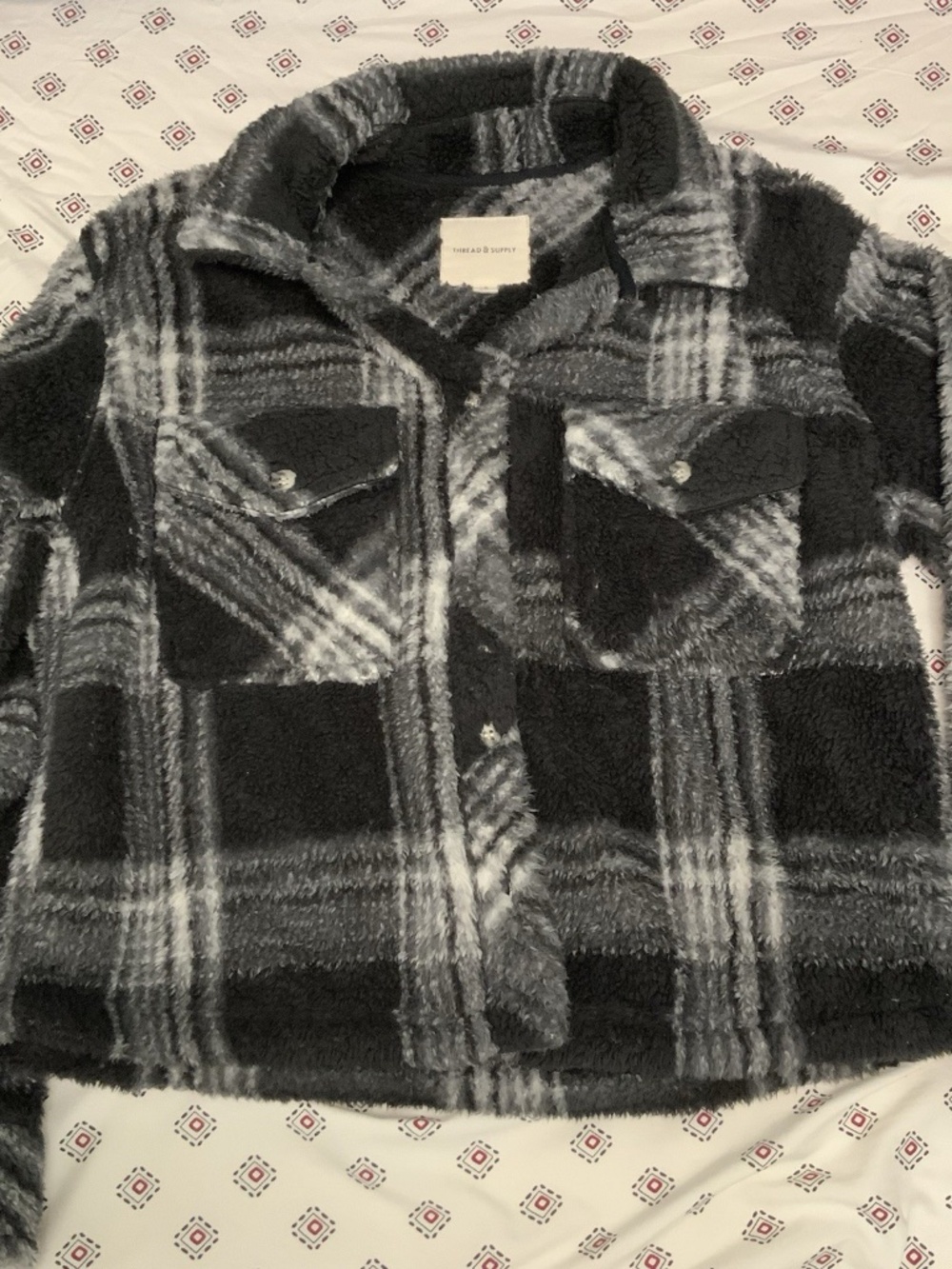 Thread and Supply Women's Jacket Small Plaid Flannel Black White Collared Pocket